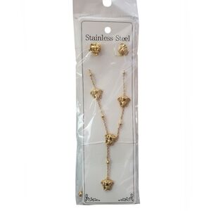 Gold Stainless Steel Lion Head Necklace & Earring Set